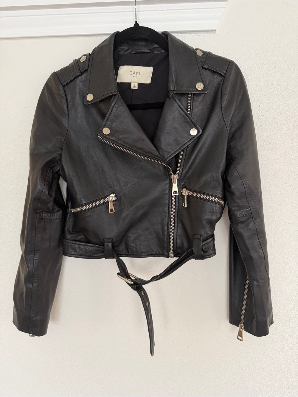 CAMI Black Cropped Leather Moto Jacket